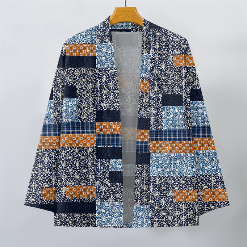 Buddha Stones Kimono de hombre con abertura frontal, estampado geométrico de bloques y patchwork de algodón. - image 1