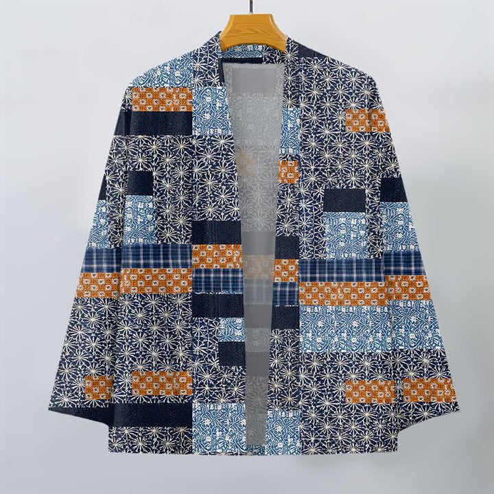 Buddha Stones Kimono de hombre con abertura frontal, estampado geométrico de bloques y patchwork de algodón. - image 1