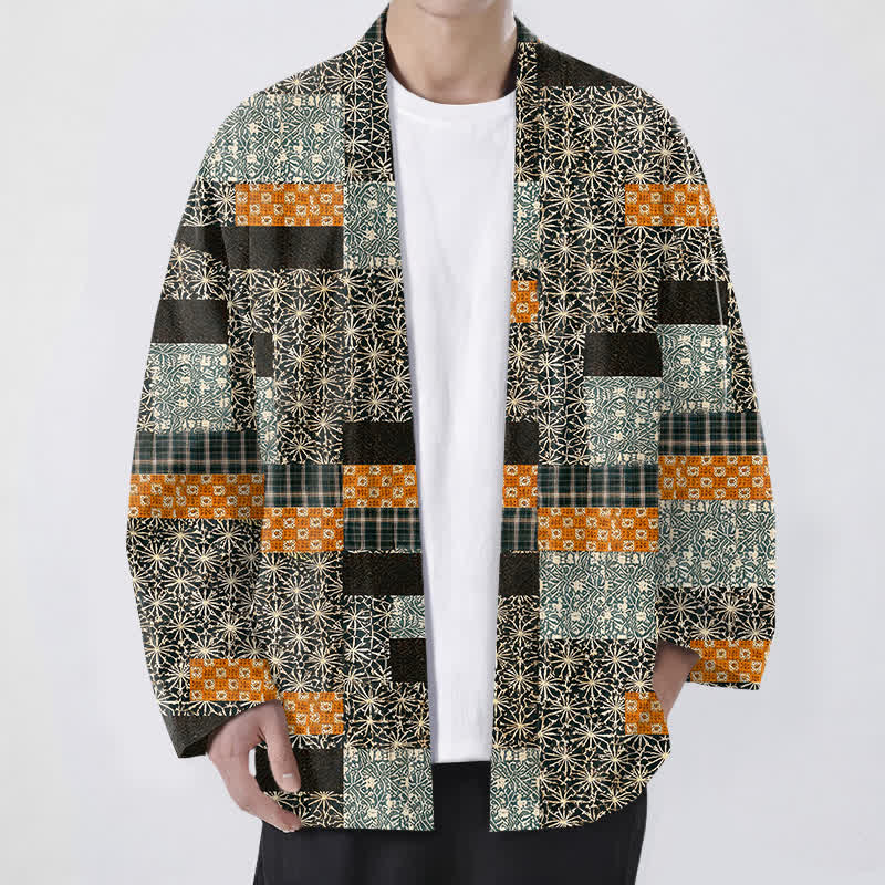 Buddha Stones Kimono de hombre con abertura frontal, estampado geométrico de bloques y patchwork de algodón. - Negro - US/UK/AU48, UE58 (4XL) - image 6