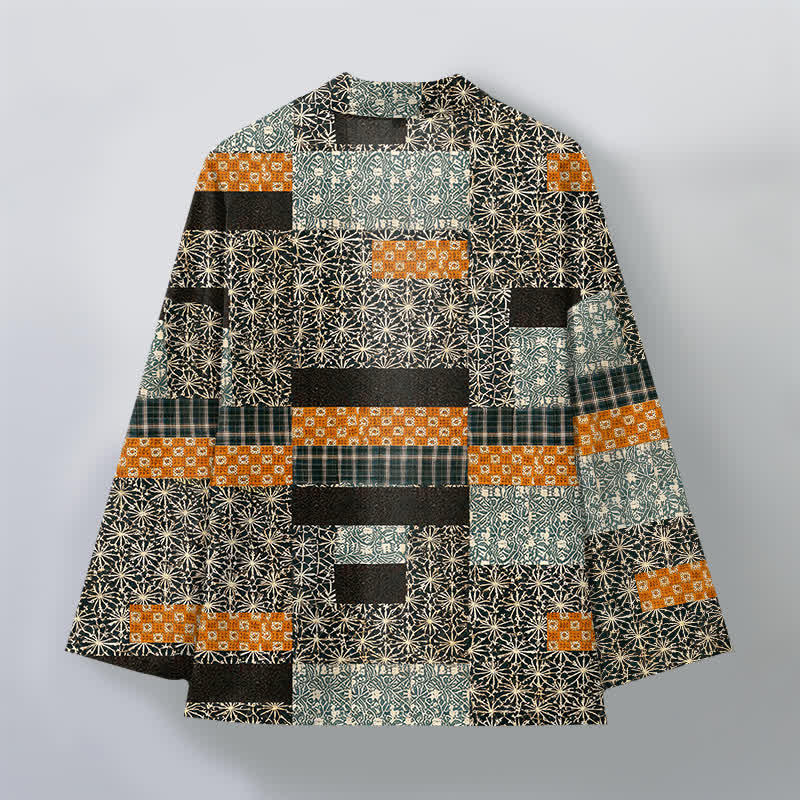 Buddha Stones Kimono de hombre con abertura frontal, estampado geométrico de bloques y patchwork de algodón. - image 8