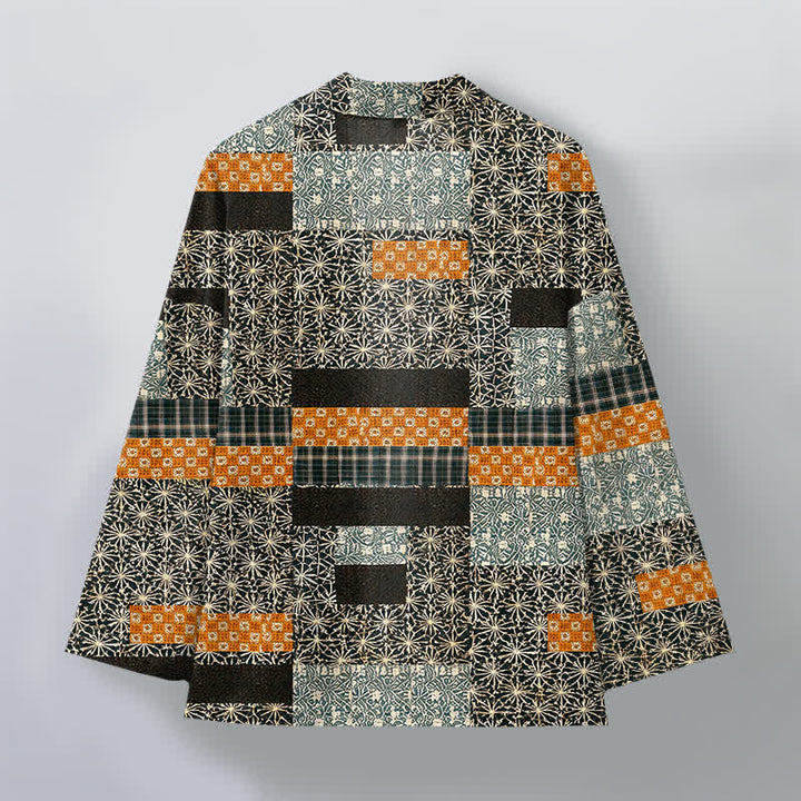 Buddha Stones Kimono de hombre con abertura frontal, estampado geométrico de bloques y patchwork de algodón. - image 8
