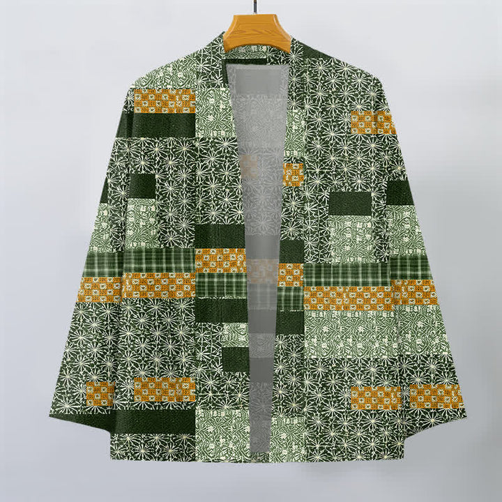 Buddha Stones Kimono de hombre con abertura frontal, estampado geométrico de bloques y patchwork de algodón. - image 10
