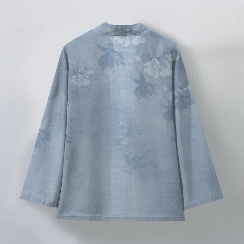 Buddha Stones Kimono de algodón con sutil estampado floral de hojas y frente abierto para hombre - image 8