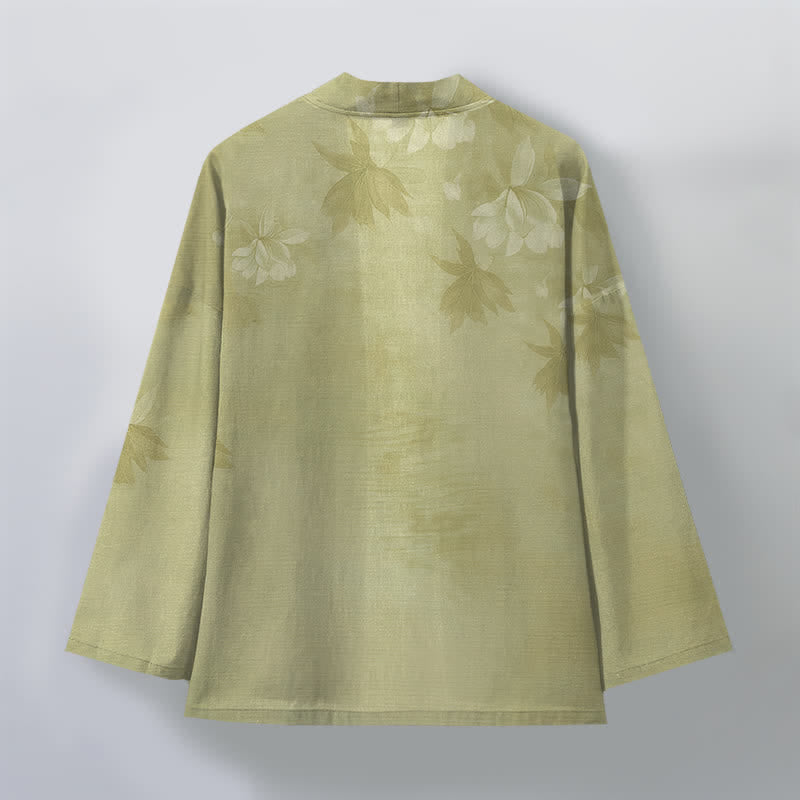 Buddha Stones Kimono de algodón con sutil estampado floral de hojas y frente abierto para hombre - image 11