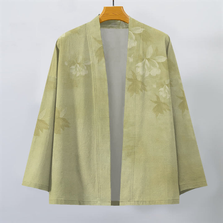 Buddha Stones Kimono de algodón con sutil estampado floral de hojas y frente abierto para hombre - image 10