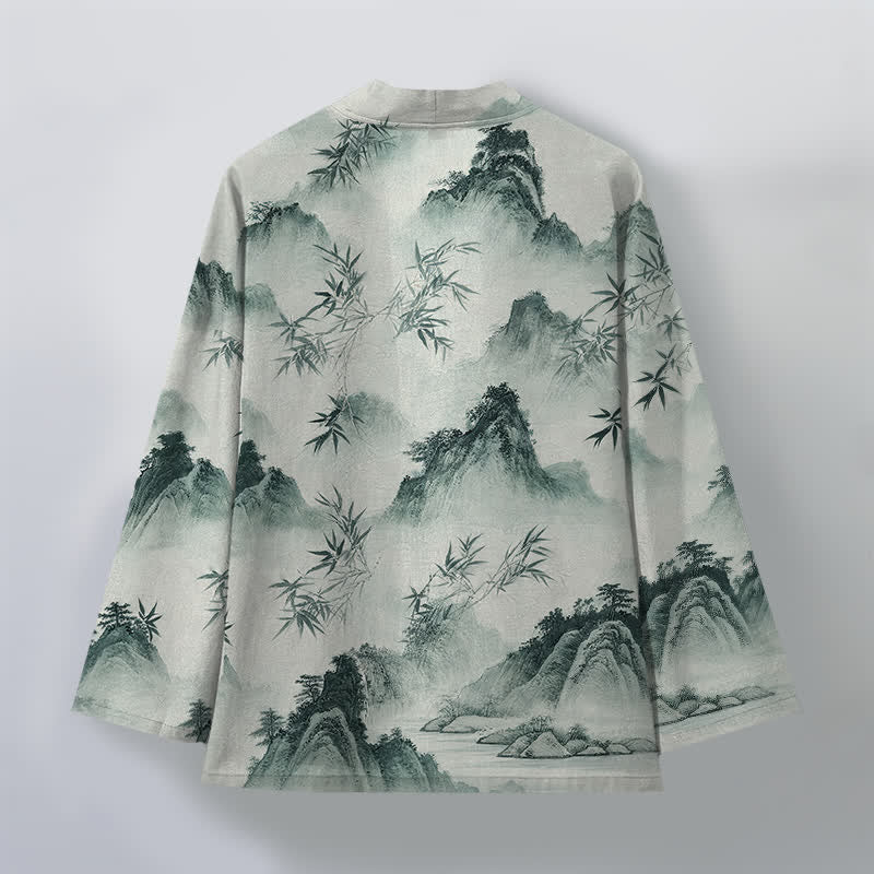 Buddha Stones Kimono de hombre con frente abierto y estampado de paisaje de montañas de bambú y tinta de algodón - image 2