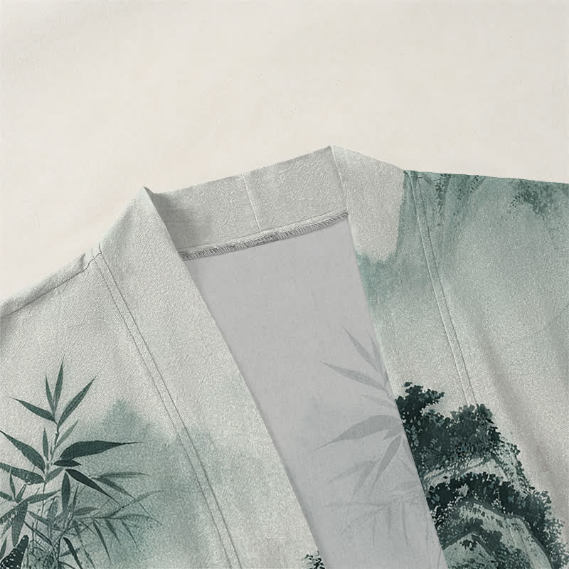 Buddha Stones Kimono de hombre con frente abierto y estampado de paisaje de montañas de bambú y tinta de algodón - image 3
