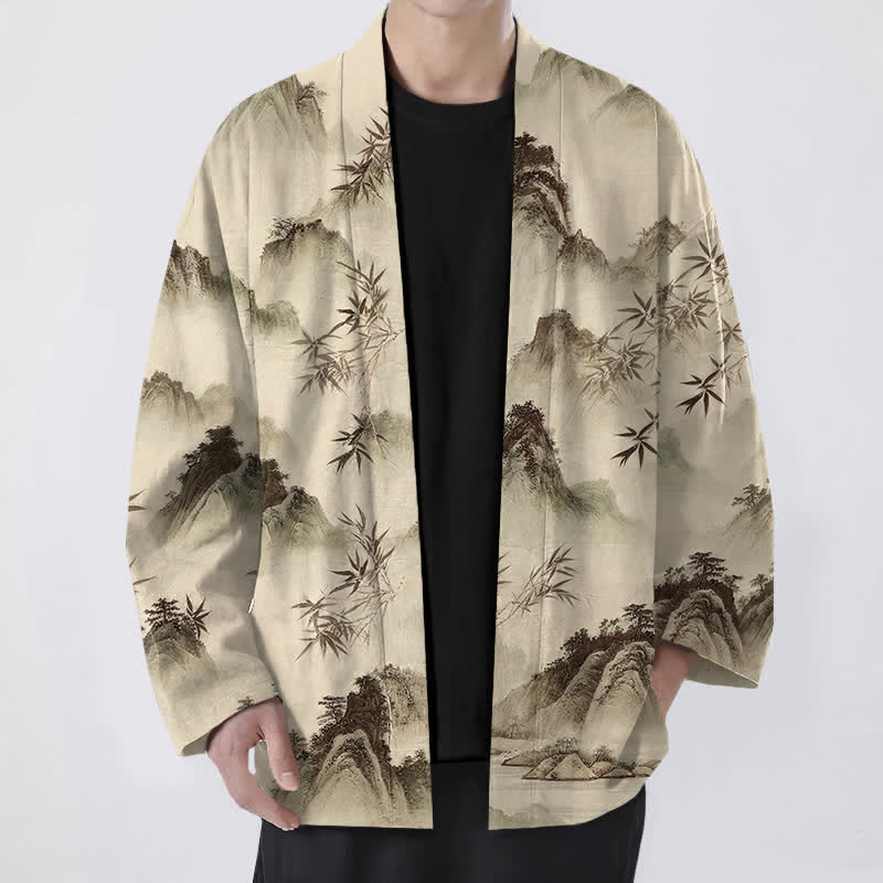 Buddha Stones Kimono de hombre con frente abierto y estampado de paisaje de montañas de bambú y tinta de algodón - Broncearse - US/UK/AU48, UE58 (4XL) - image 6