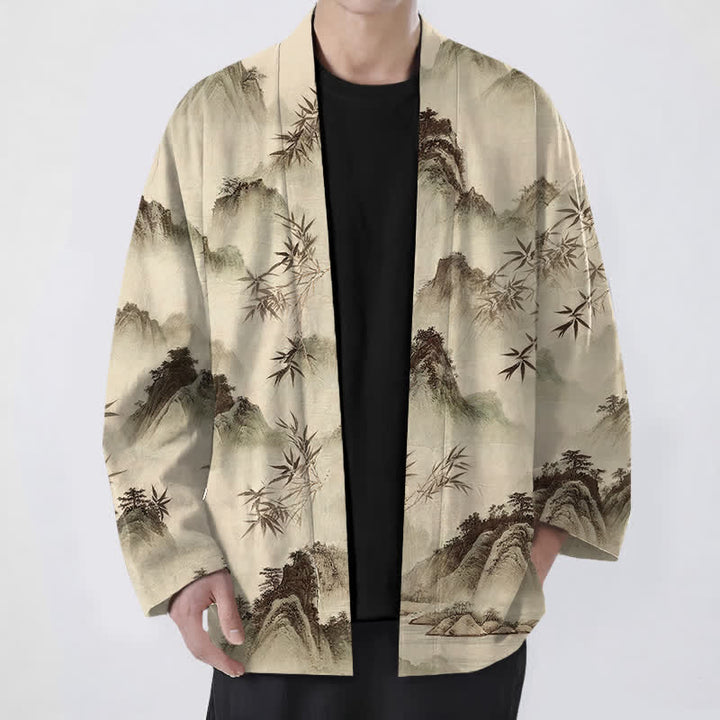 Buddha Stones Kimono de hombre con frente abierto y estampado de paisaje de montañas de bambú y tinta de algodón - Broncearse - US/UK/AU48, UE58 (4XL) - image 6