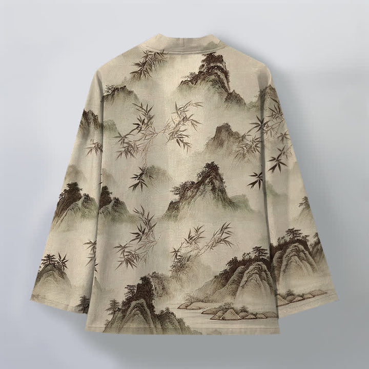 Buddha Stones Kimono de hombre con frente abierto y estampado de paisaje de montañas de bambú y tinta de algodón - image 8