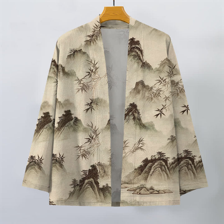 Buddha Stones Kimono de hombre con frente abierto y estampado de paisaje de montañas de bambú y tinta de algodón - image 7