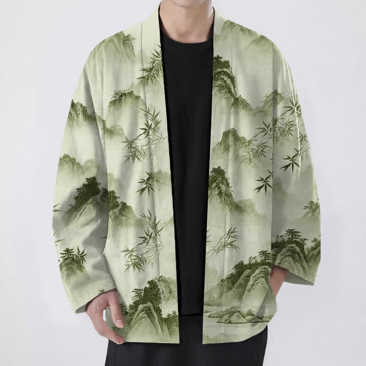 Buddha Stones Kimono de hombre con frente abierto y estampado de paisaje de montañas de bambú y tinta de algodón - Gotas de miel - US/UK/AU48, UE58 (4XL) - image 9