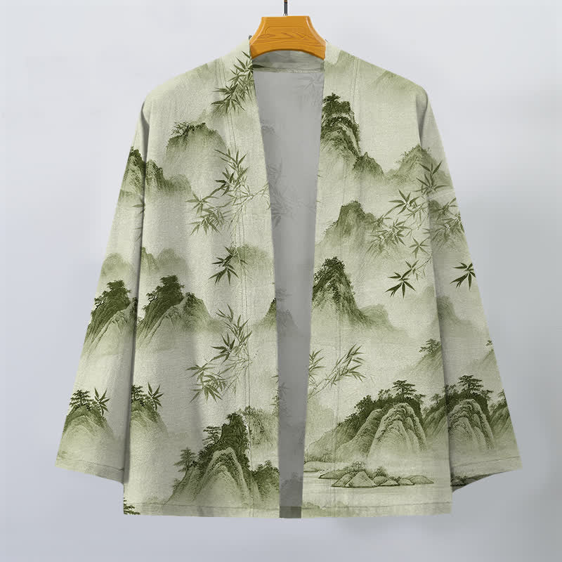 Buddha Stones Kimono de hombre con frente abierto y estampado de paisaje de montañas de bambú y tinta de algodón - image 10
