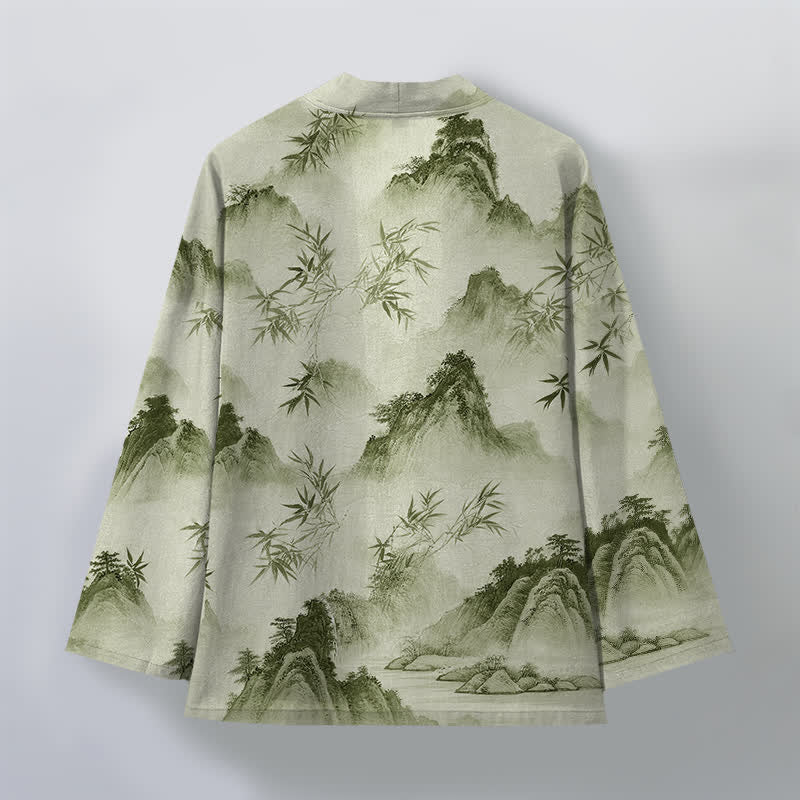 Buddha Stones Kimono de hombre con frente abierto y estampado de paisaje de montañas de bambú y tinta de algodón - image 11