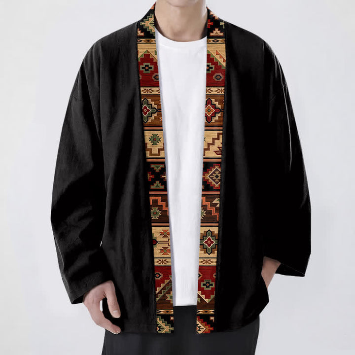Buddha Stones Kimono de hombre de algodón con estampado geométrico tribal y frente abierto - Negro - US/UK/AU48, UE58 (4XL) - image 0