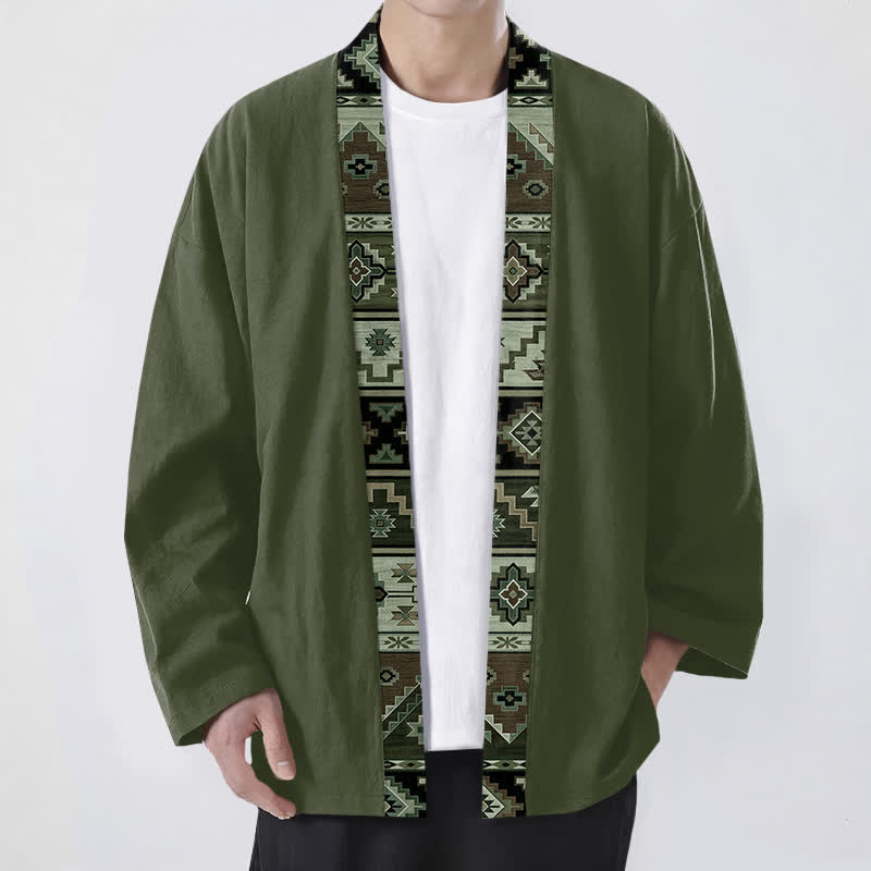 Buddha Stones Kimono de hombre de algodón con estampado geométrico tribal y frente abierto - Verde oliva oscuro - US/UK/AU48, UE58 (4XL) - image 6