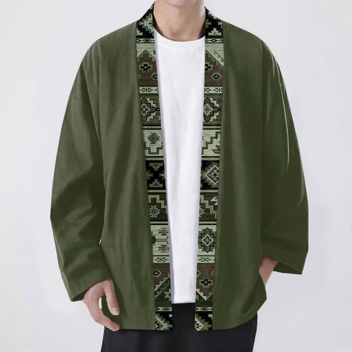 Buddha Stones Kimono de hombre de algodón con estampado geométrico tribal y frente abierto - Verde oliva oscuro - US/UK/AU48, UE58 (4XL) - image 6