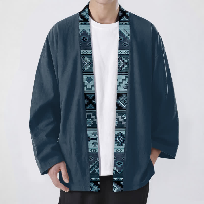 Buddha Stones Kimono de hombre de algodón con estampado geométrico tribal y frente abierto - Azul acero - US/UK/AU48, UE58 (4XL) - image 9