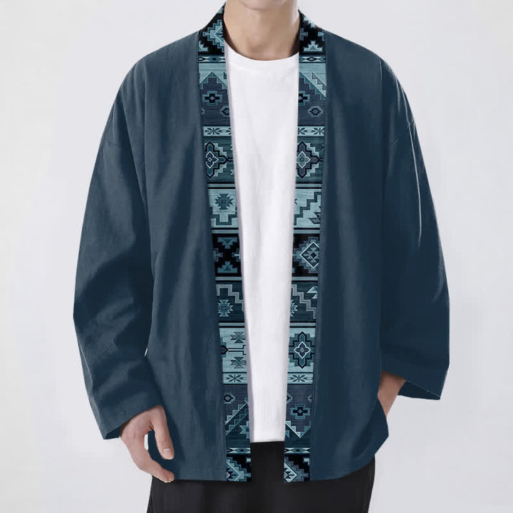 Buddha Stones Kimono de hombre de algodón con estampado geométrico tribal y frente abierto - Azul acero - US/UK/AU48, UE58 (4XL) - image 9