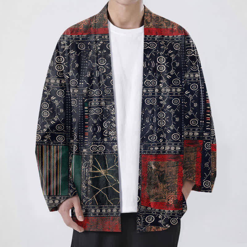 Buddha Stones Kimono de hombre con estampado geométrico tribal de patchwork y frente abierto, de algodón. - Marina de guerra - US/UK/AU48, UE58 (4XL) - image 0