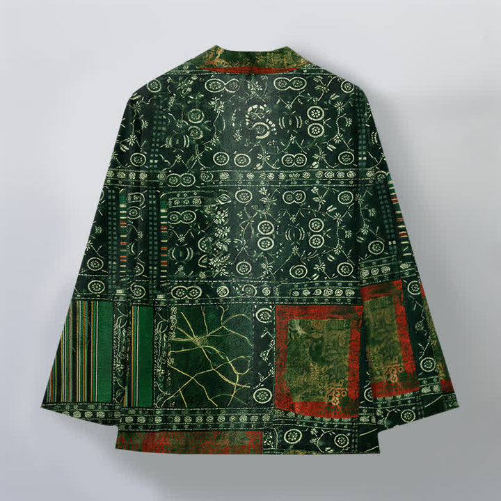 Buddha Stones Kimono de hombre con estampado geométrico tribal de patchwork y frente abierto, de algodón. - image 8