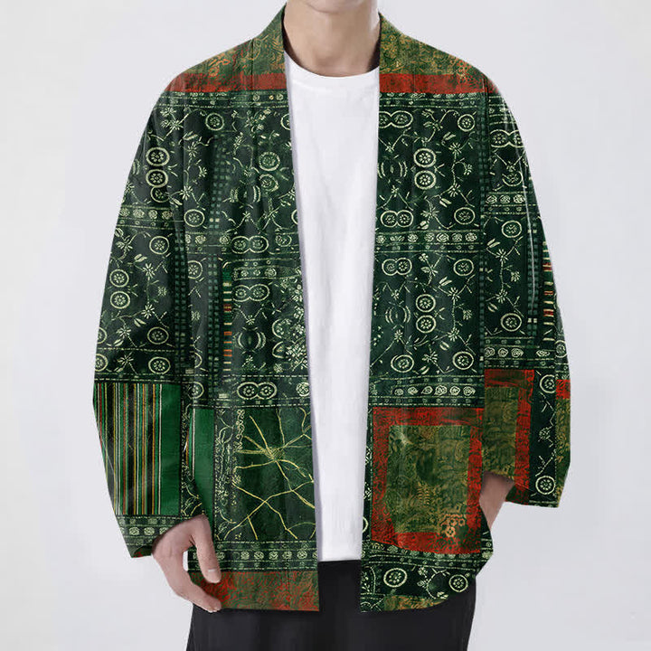 Buddha Stones Kimono de hombre con estampado geométrico tribal de patchwork y frente abierto, de algodón. - Verde bosque - US/UK/AU48, UE58 (4XL) - image 6