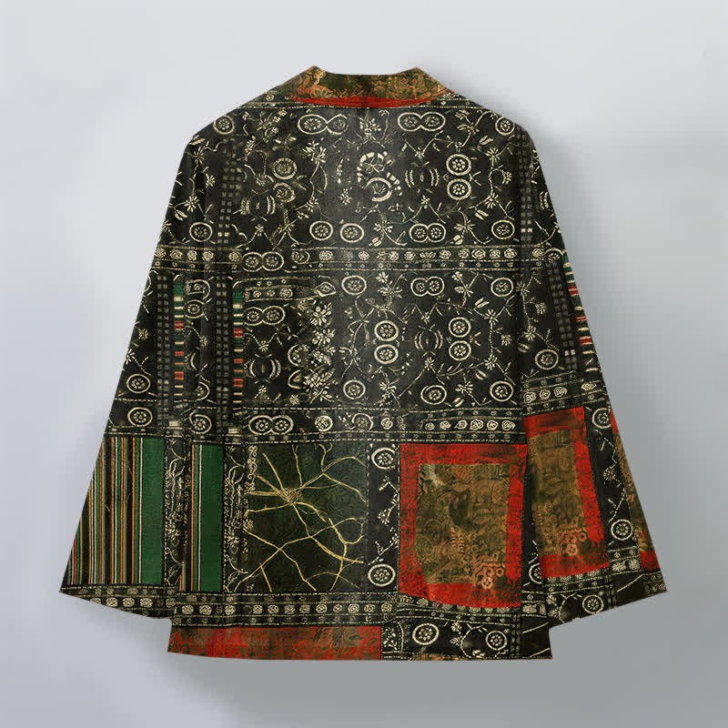 Buddha Stones Kimono de hombre con estampado geométrico tribal de patchwork y frente abierto, de algodón. - image 11