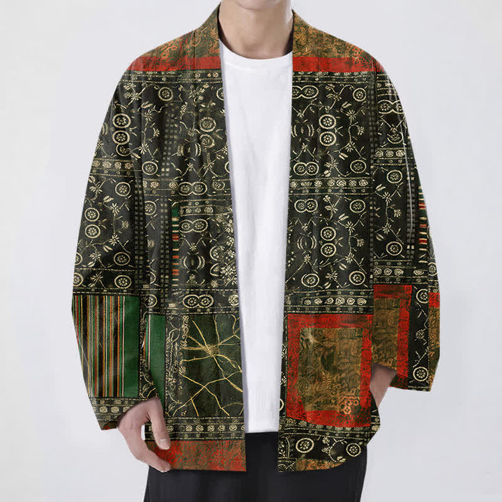 Buddha Stones Kimono de hombre con estampado geométrico tribal de patchwork y frente abierto, de algodón. - Verde oliva oscuro - US/UK/AU48, UE58 (4XL) - image 9