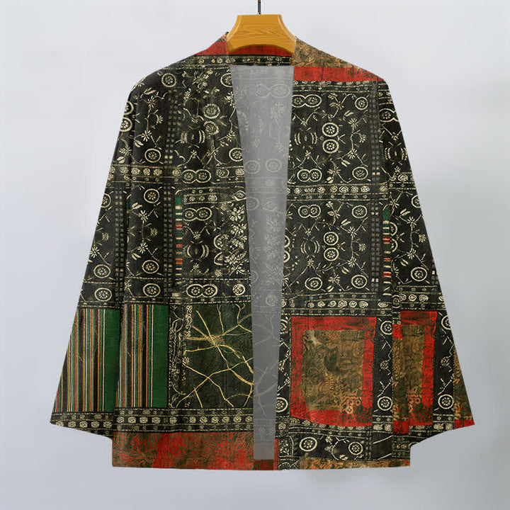 Buddha Stones Kimono de hombre con estampado geométrico tribal de patchwork y frente abierto, de algodón. - image 10
