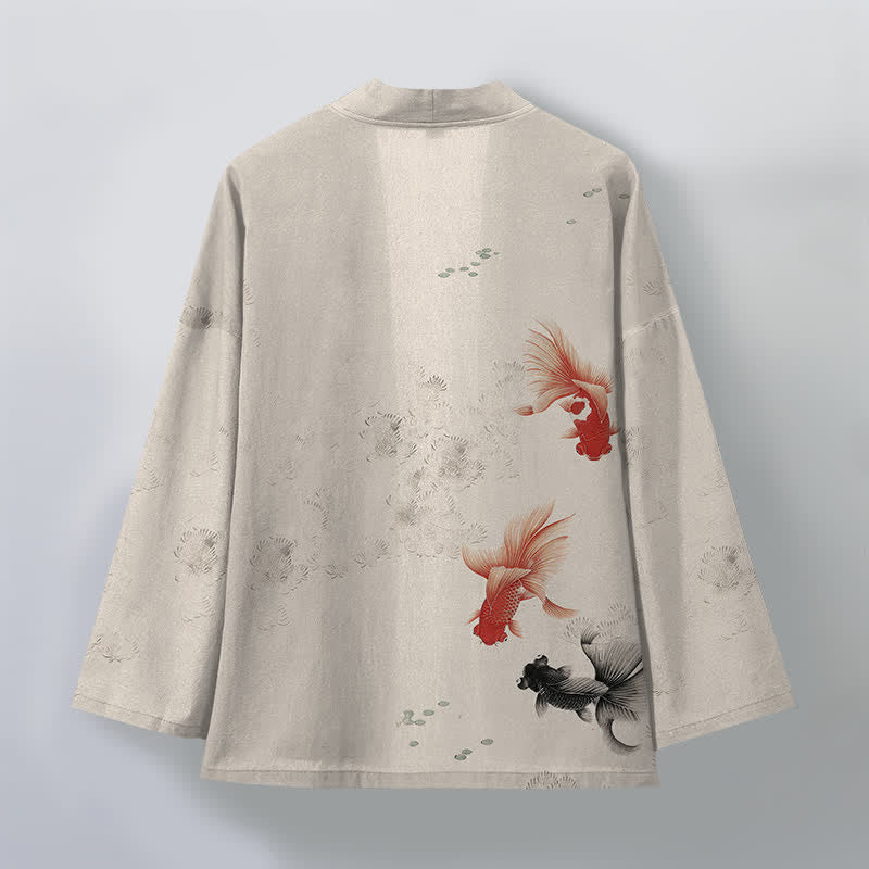 Buddha Stones Kimono de hombre con estampado de olas fluidas y peces koi de algodón, abertura frontal. - image 2