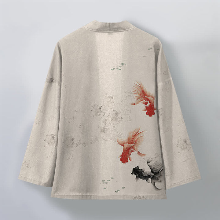 Buddha Stones Kimono de hombre con estampado de olas fluidas y peces koi de algodón, abertura frontal. - image 2