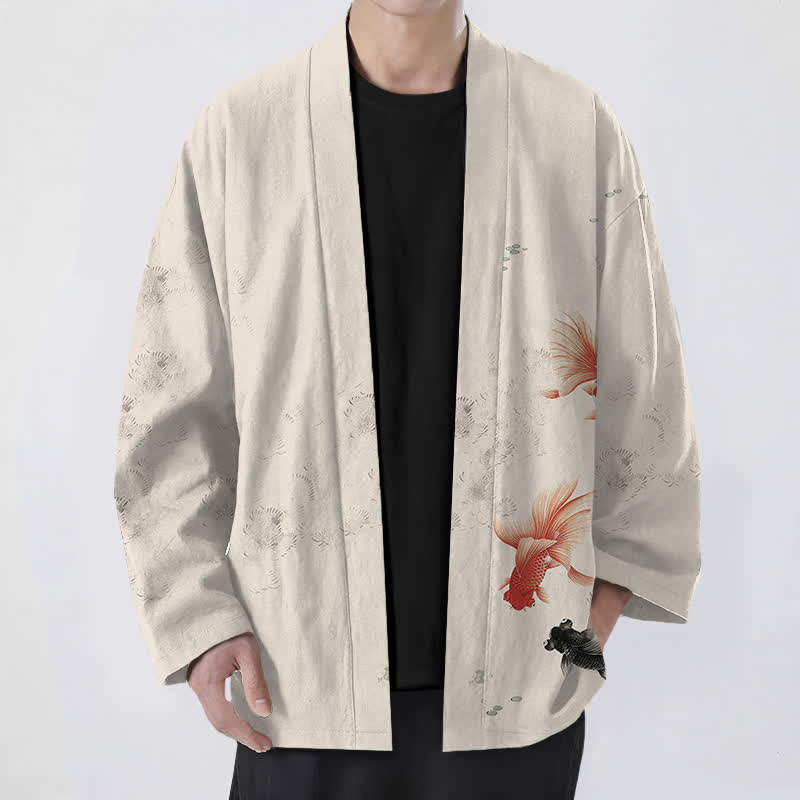 Buddha Stones Kimono de hombre con estampado de olas fluidas y peces koi de algodón, abertura frontal. - Lino - US/UK/AU48, UE58 (4XL) - image 0