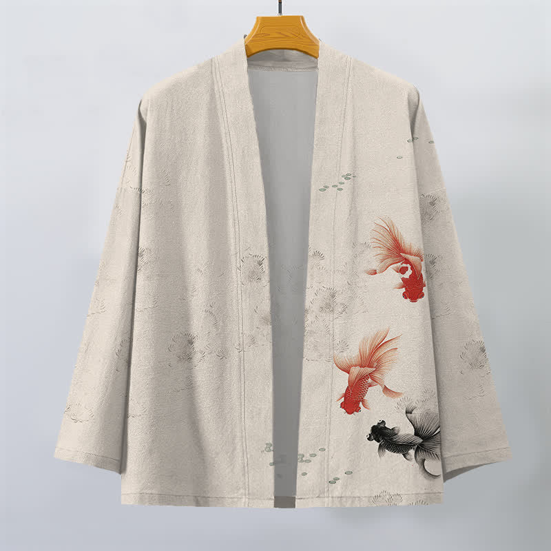 Buddha Stones Kimono de hombre con estampado de olas fluidas y peces koi de algodón, abertura frontal. - image 1