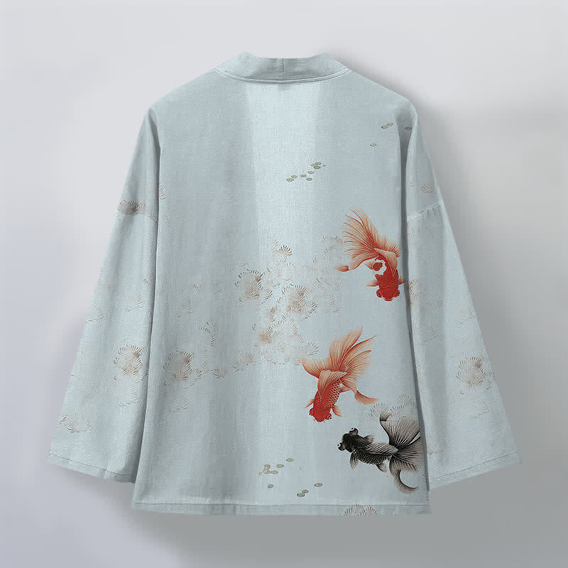 Buddha Stones Kimono de hombre con estampado de olas fluidas y peces koi de algodón, abertura frontal. - image 8