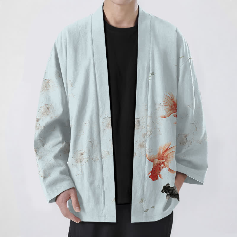 Buddha Stones Kimono de hombre con estampado de olas fluidas y peces koi de algodón, abertura frontal. - Azul claro - US/UK/AU48, UE58 (4XL) - image 6