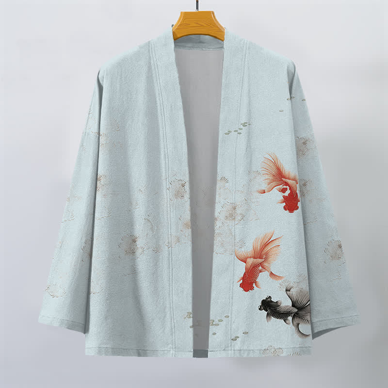 Buddha Stones Kimono de hombre con estampado de olas fluidas y peces koi de algodón, abertura frontal. - image 7
