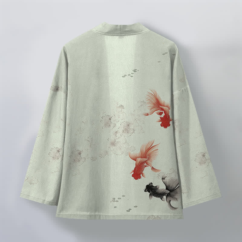 Buddha Stones Kimono de hombre con estampado de olas fluidas y peces koi de algodón, abertura frontal. - image 11