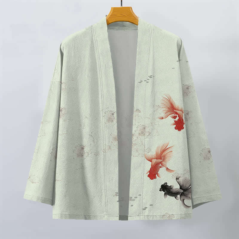 Buddha Stones Kimono de hombre con estampado de olas fluidas y peces koi de algodón, abertura frontal. - image 10