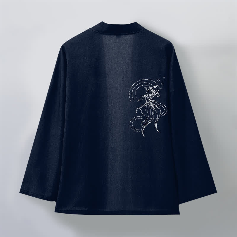 Buddha Stones Kimono de hombre de algodón blanco con estampado de olas y peces koi, con frente abierto. - image 2