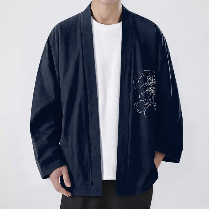Buddha Stones Kimono de hombre de algodón blanco con estampado de olas y peces koi, con frente abierto. - Marina de guerra - US/UK/AU48, UE58 (4XL) - image 0