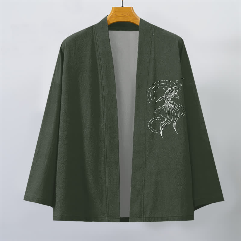 Buddha Stones Kimono de hombre de algodón blanco con estampado de olas y peces koi, con frente abierto. - image 7