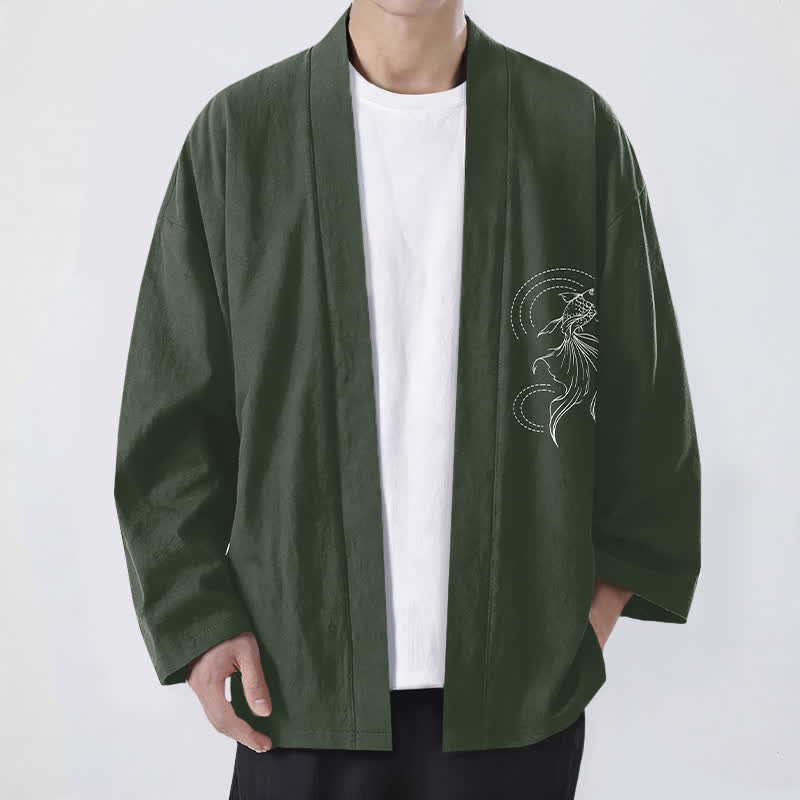 Buddha Stones Kimono de hombre de algodón blanco con estampado de olas y peces koi, con frente abierto. - Verde oscuro - US/UK/AU48, UE58 (4XL) - image 6