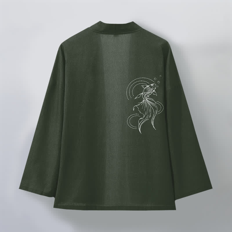 Buddha Stones Kimono de hombre de algodón blanco con estampado de olas y peces koi, con frente abierto. - image 8