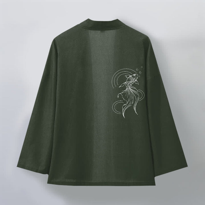 Buddha Stones Kimono de hombre de algodón blanco con estampado de olas y peces koi, con frente abierto. - image 8