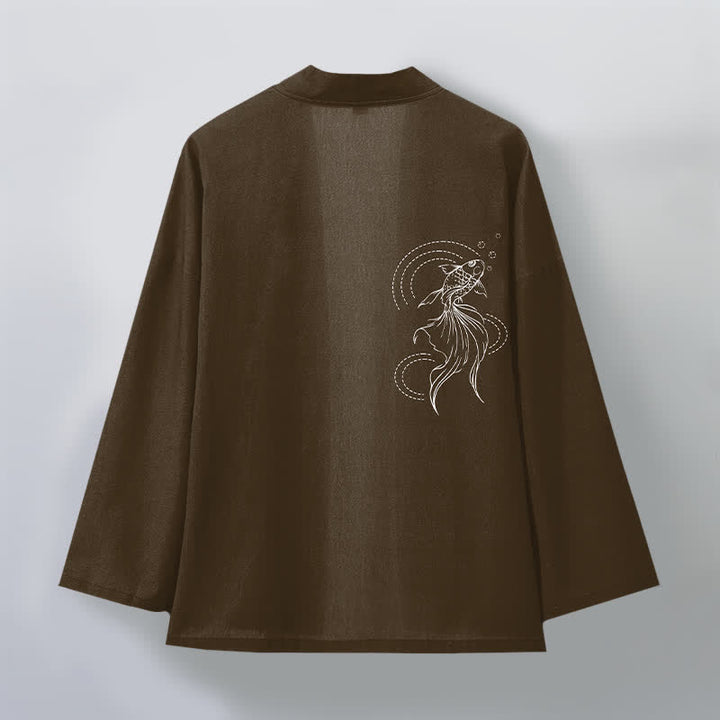 Buddha Stones Kimono de hombre de algodón blanco con estampado de olas y peces koi, con frente abierto. - image 11