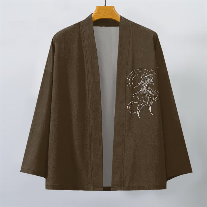 Buddha Stones Kimono de hombre de algodón blanco con estampado de olas y peces koi, con frente abierto. - image 10