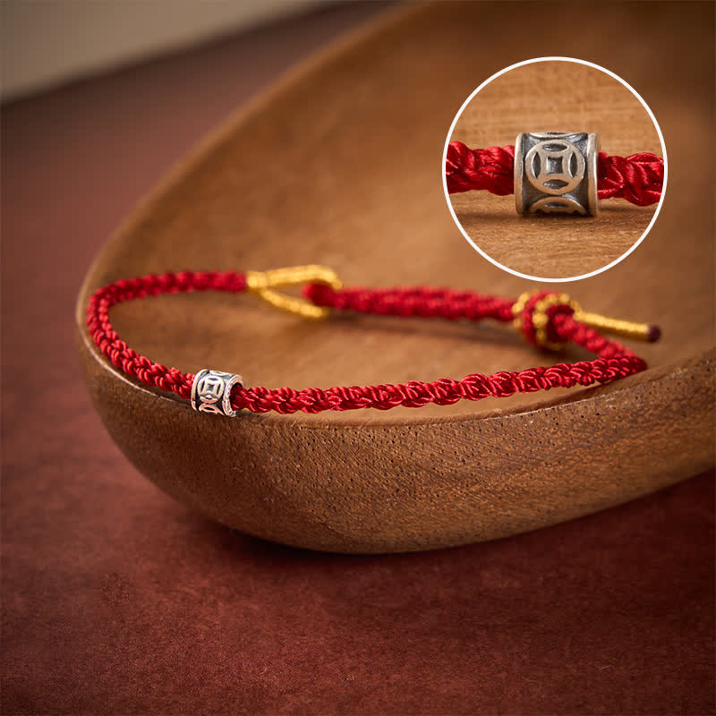 Buddha Stones Pulsera minimalista de plata de ley 925 con hilo negro y rojo y protección de monedas chinas. - Hilo rojo oscuro - 5,5–6,3 pulgadas (14–16 cm) - image 0