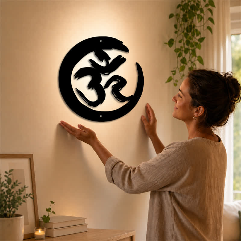 Buddha Stones Arte de pared con símbolos significativos de hierro, círculo OM negro para la atención plena - image 1