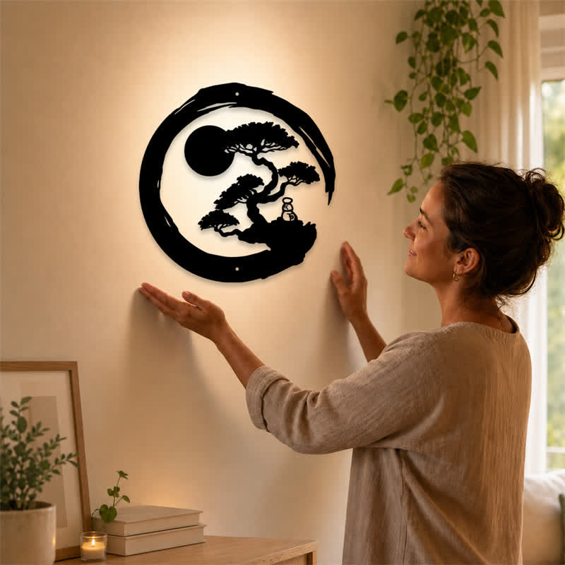 Buddha Stones Arte de pared con símbolos significativos de hierro, círculo zen de pino, iluminación bonsái y metal. - image 1