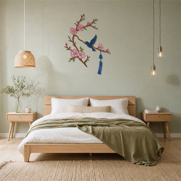 Buddha Stones Adorno de pared de hierro con símbolos significativos de pájaros y ramas en flor - image 27